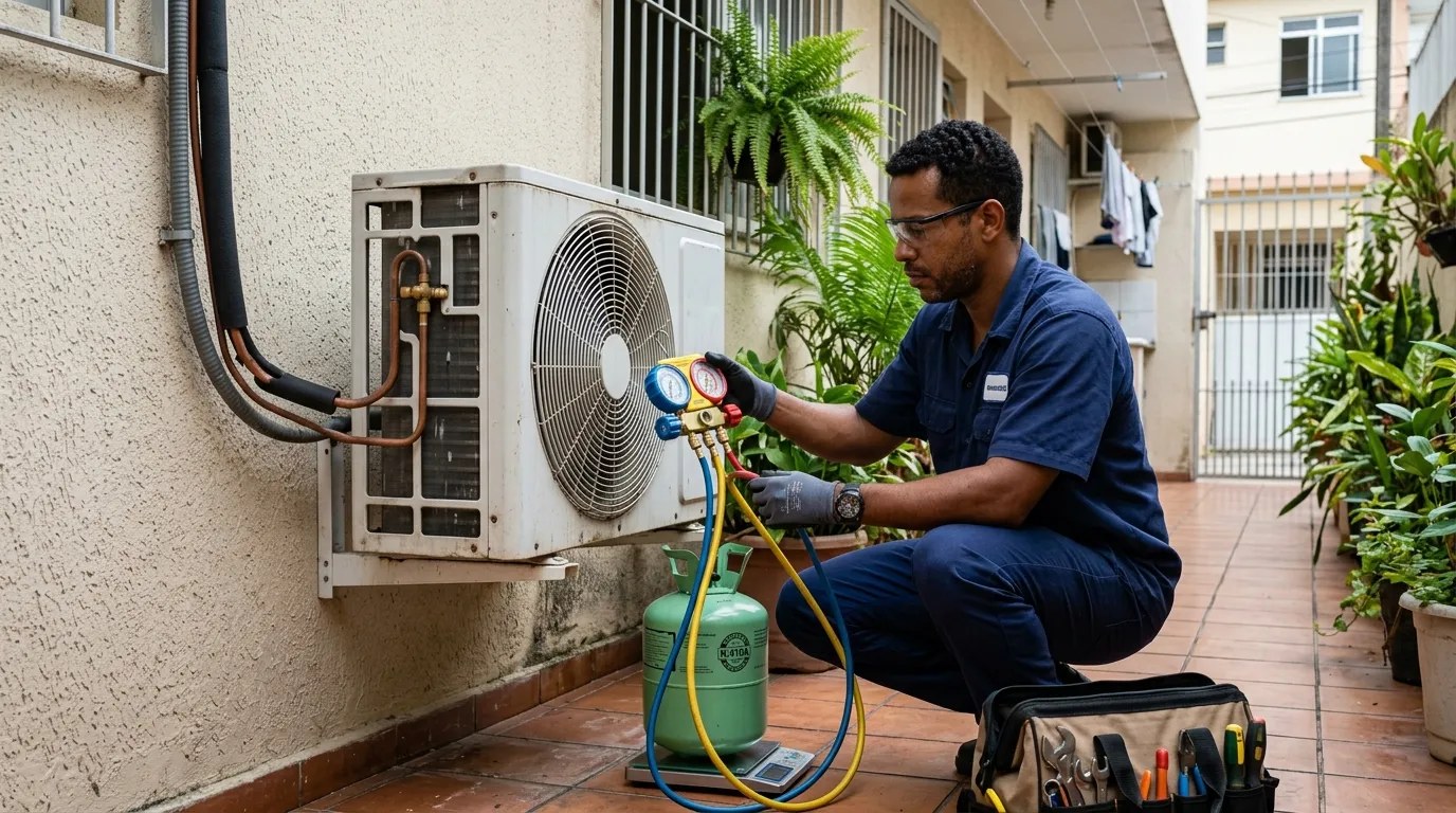 Técnico fazendo carga de gás na condensadora do ar-condicionado em Divinópolis‑MG