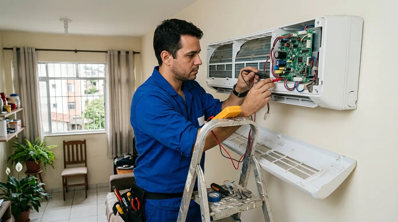 Técnico trocando a placa eletrônica de ar-condicionado split em Divinópolis‑MG