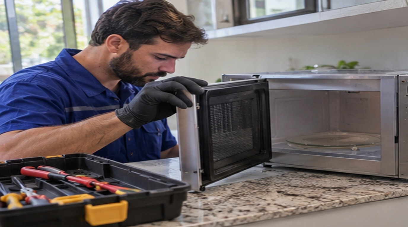 Conserto de micro-ondas em Divinópolis‑MG: técnico abrindo um micro-ondas de bancada