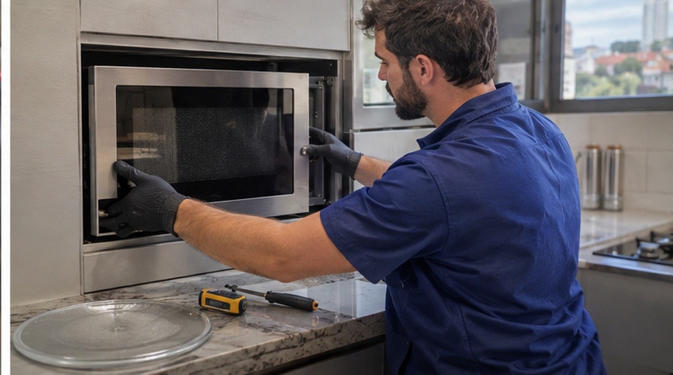 Conserto de micro-ondas de embutir em Divinópolis‑MG: técnico encaixando o aparelho no armário