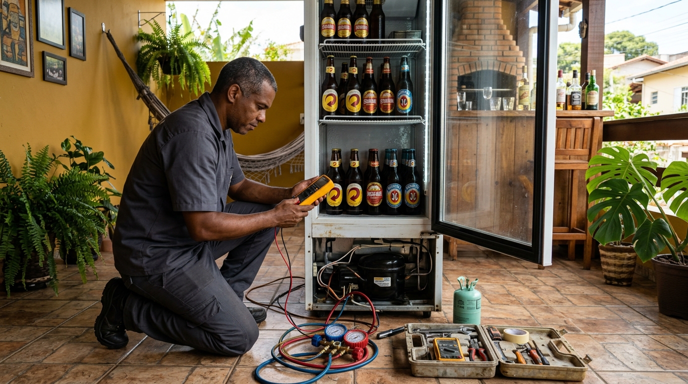 Placa eletrônica de cervejeira em reparo na bancada em Interlagos, Divinópolis‑MG