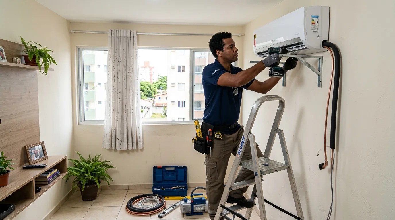 Técnico instalando ar-condicionado split em residência em Divinópolis‑MG