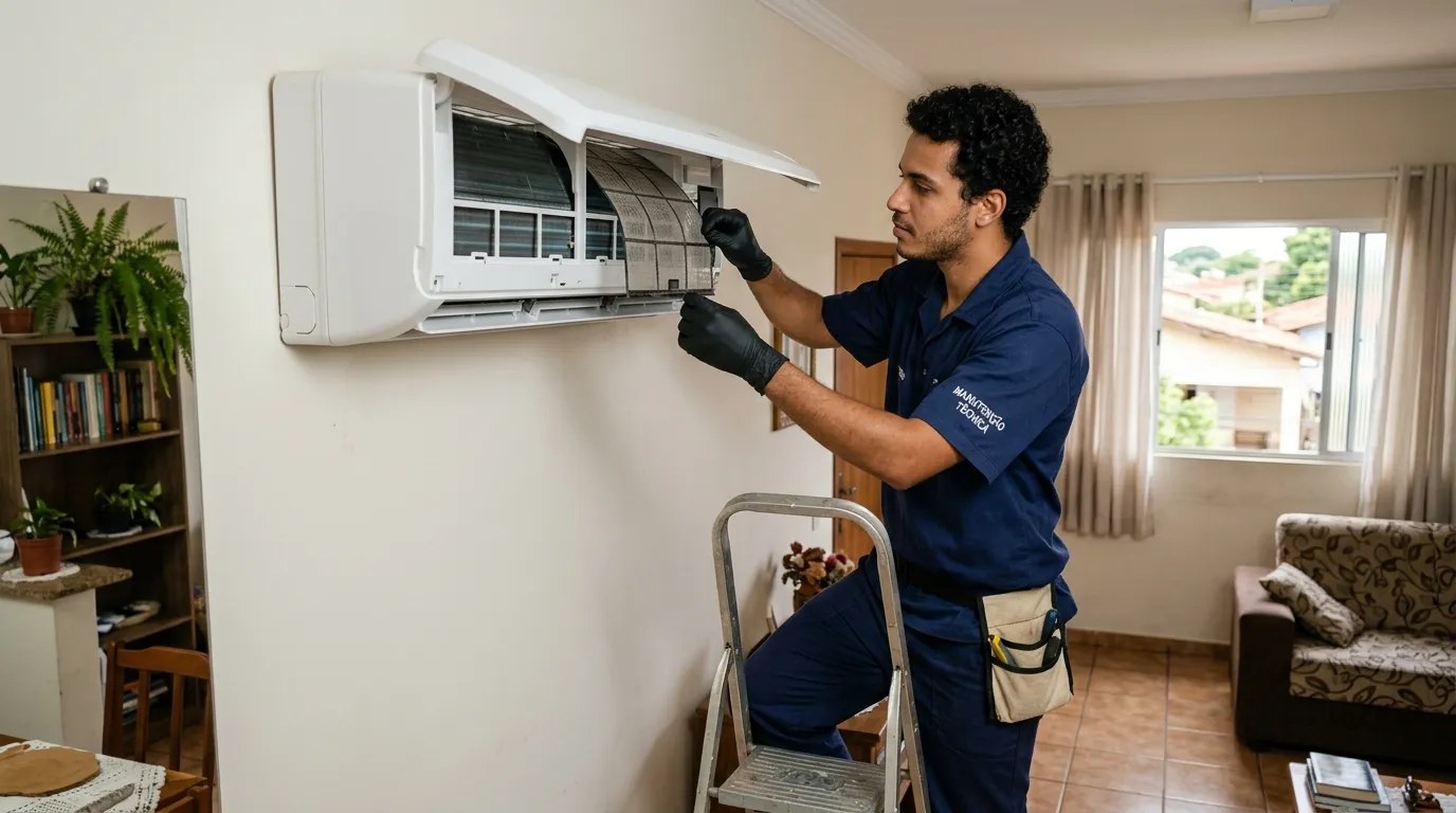 Técnico fazendo limpeza e higienização de ar-condicionado split em Divinópolis‑MG