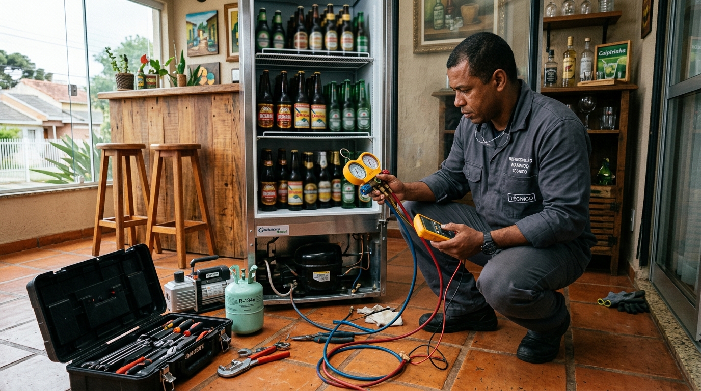 Técnico revisando o motor de uma cervejeira durante chamado em Interlagos, Divinópolis‑MG