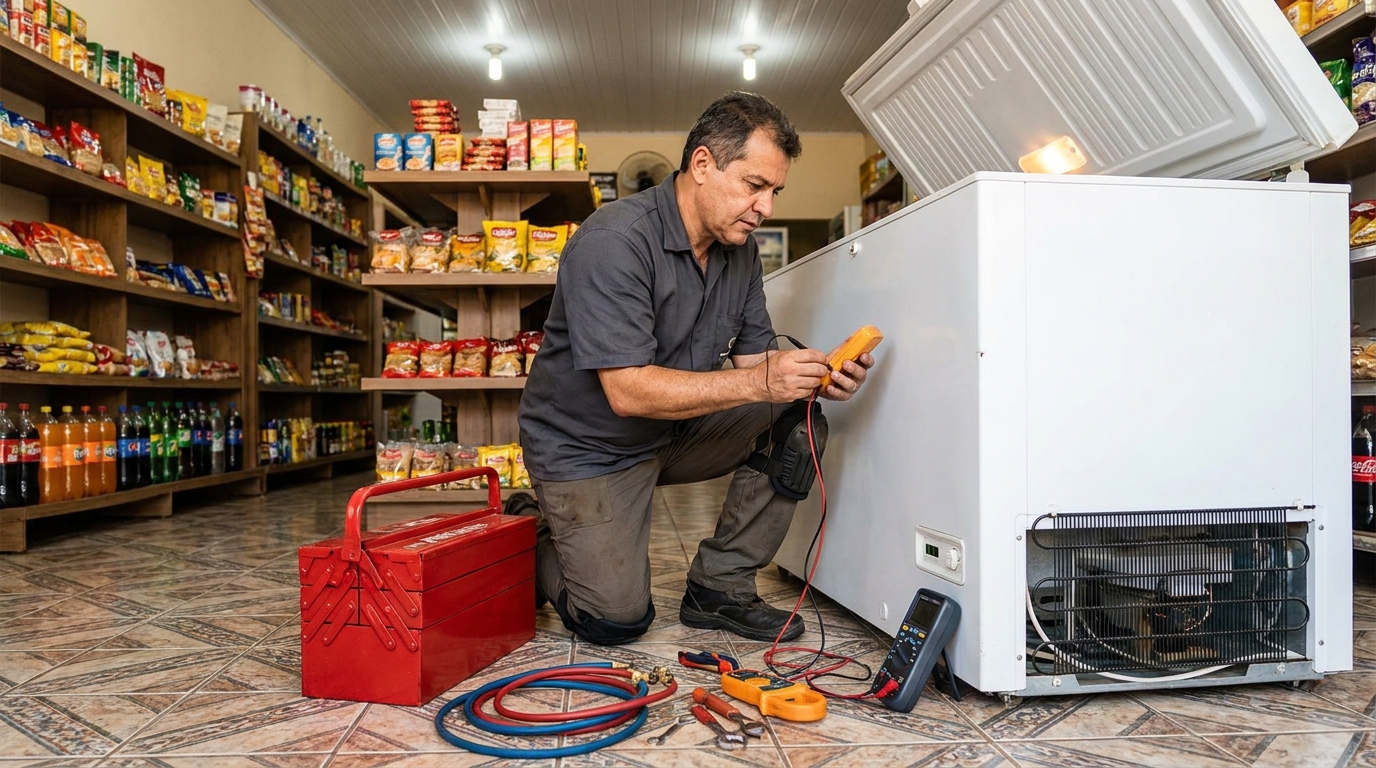 Manômetro conectado ao circuito durante recarga de gás de freezer em Divinópolis‑MG