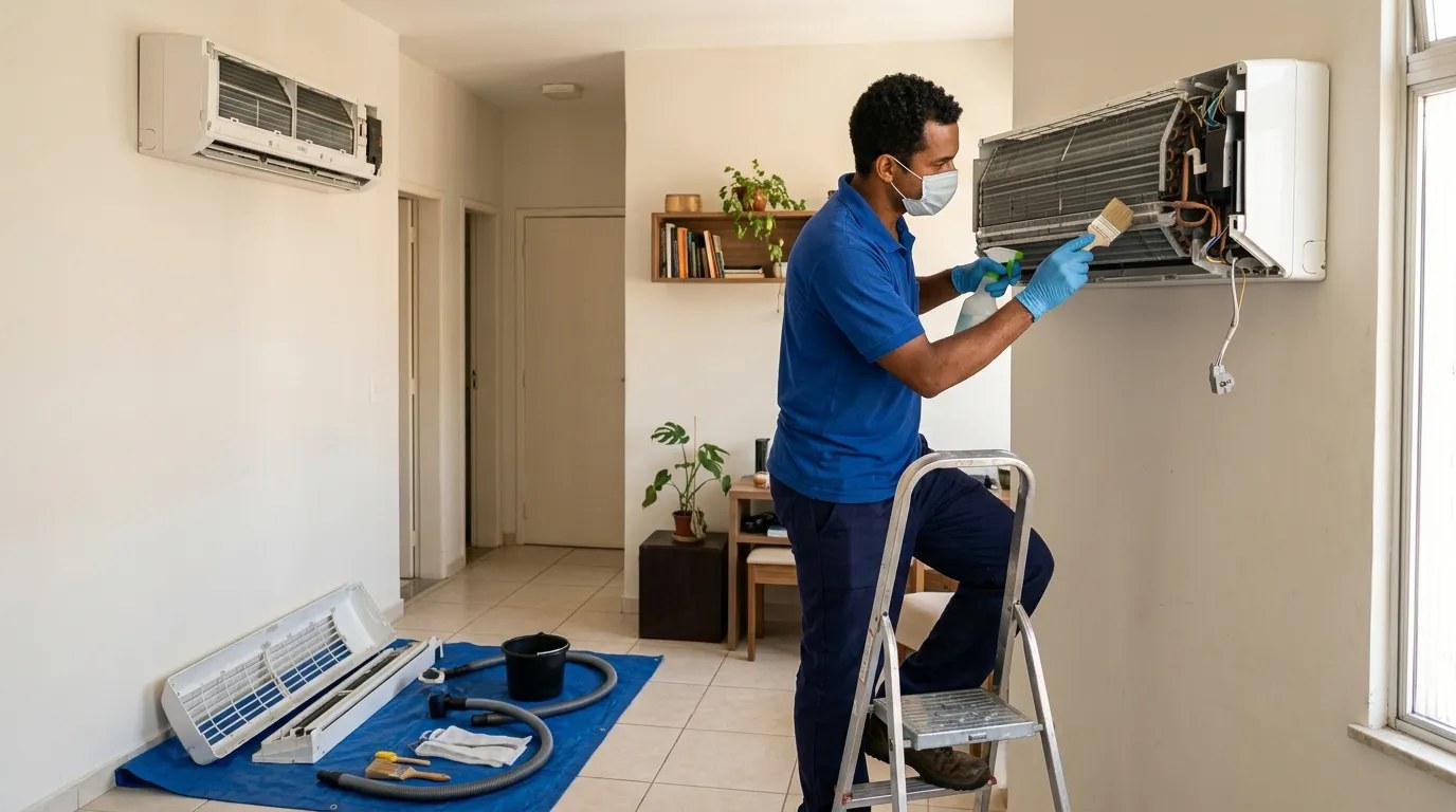 Técnico fazendo manutenção de ar-condicionado split em Divinópolis‑MG