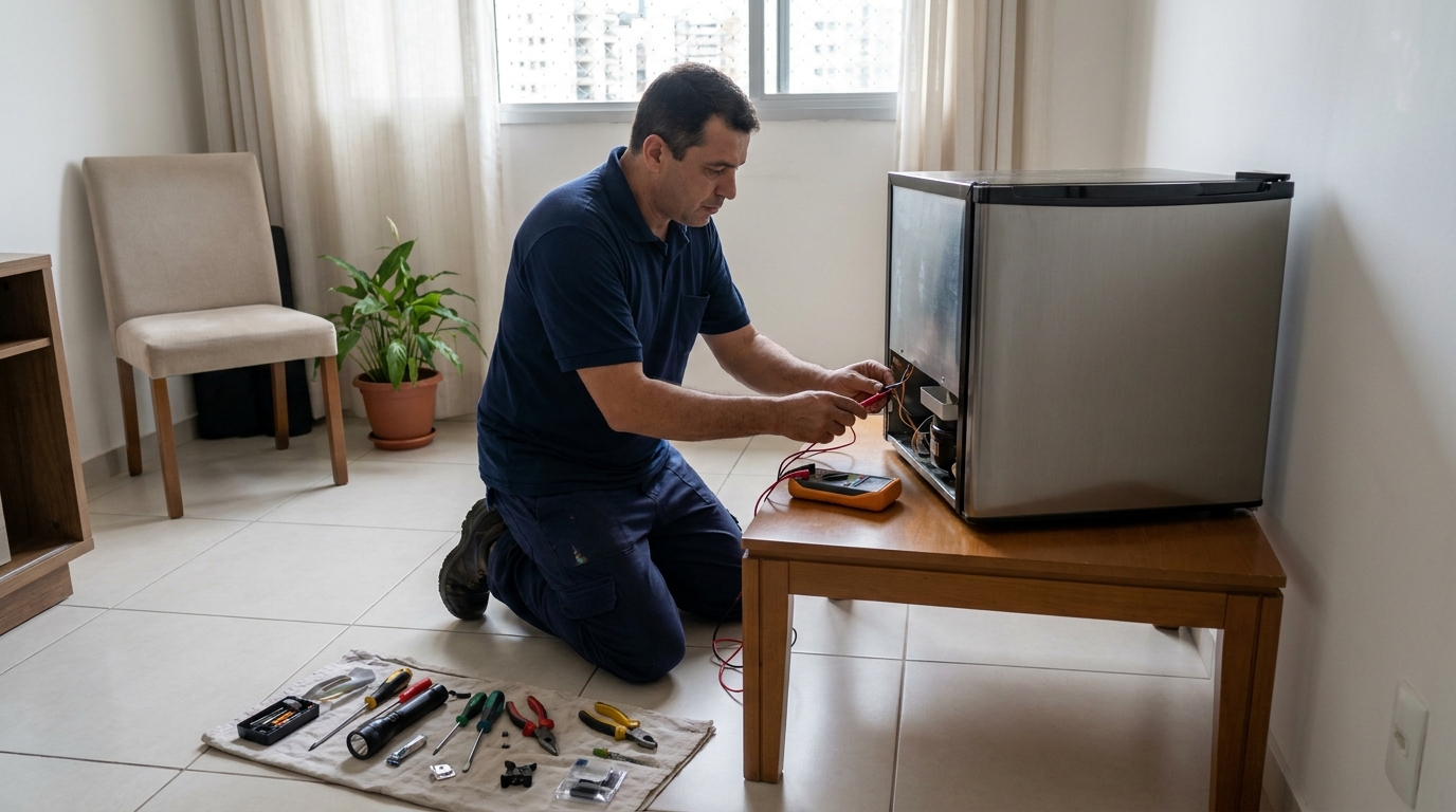 Técnico avaliando um frigobar compacto durante atendimento em Divinópolis‑MG